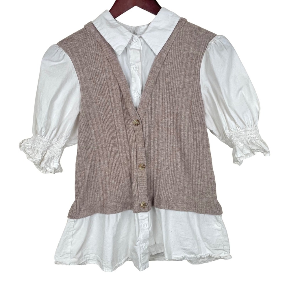Y2K 90s Womens Top Sz M Faux Vest Shirt Puff Sleeve Academia Cottage Preppy Twee